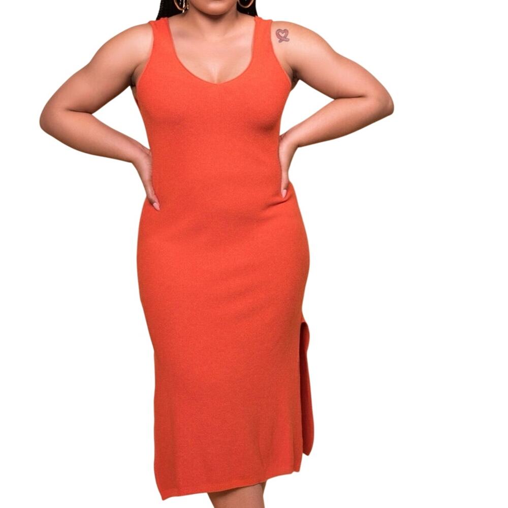 Double Zero Knit Sleeveless V-Neck Midi Dress NWT Orange S capsule transitional